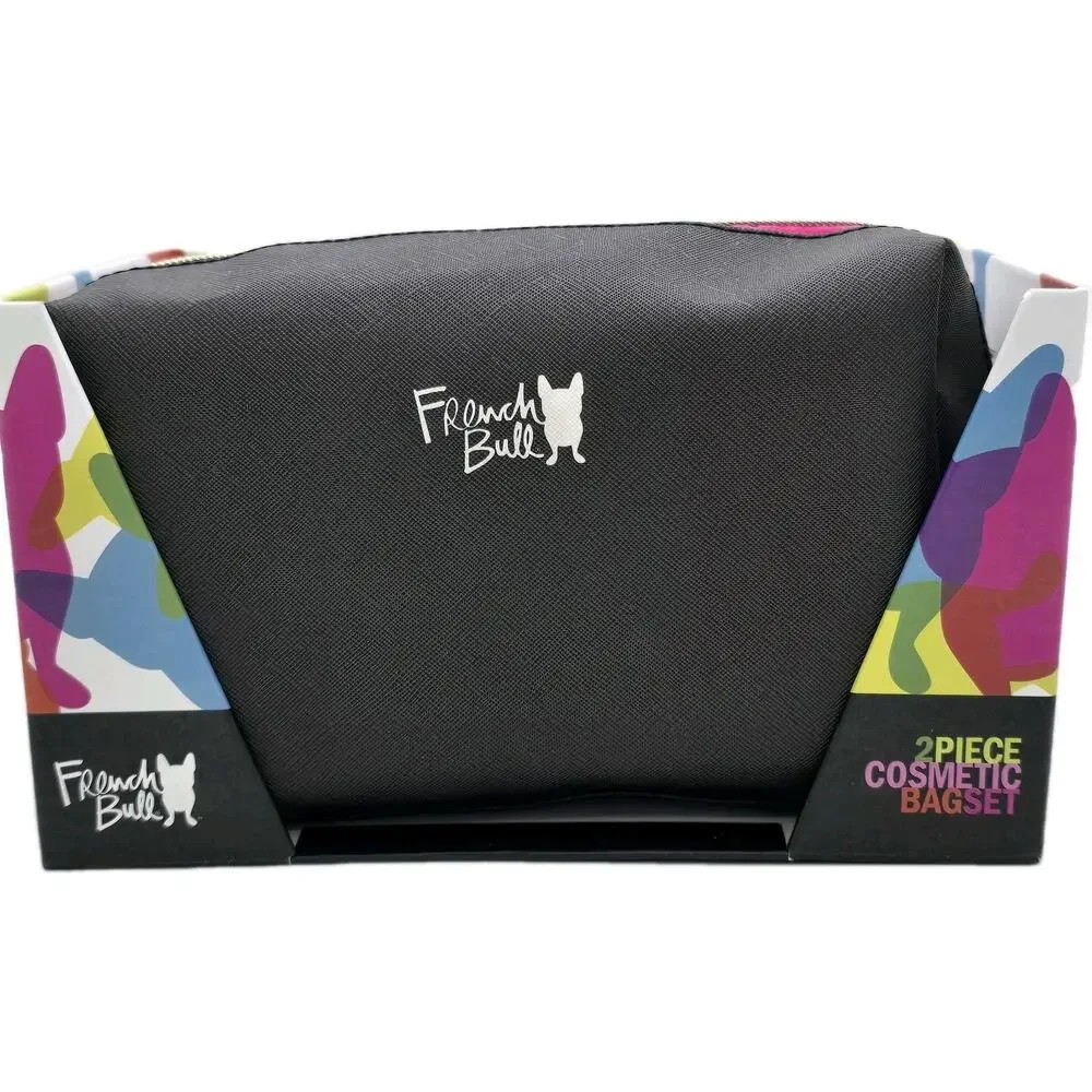 French Bull Dog‎ 2 Piece Set Cosmetic Black Pink Hearts Makeup Travel Organizer